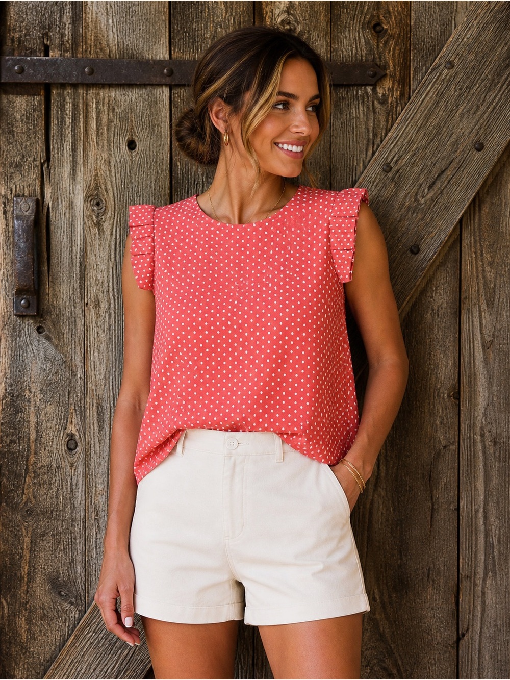 Monteau Muted Coral Polka Dot Blouse XL | Ruffle Sleeve Flowy Top